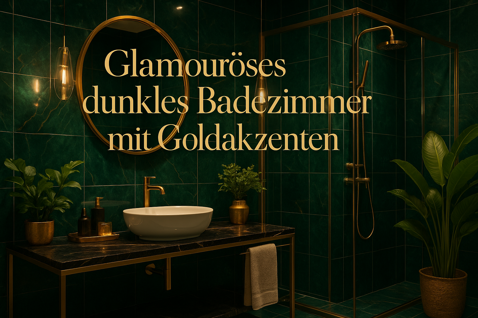 Glamouröses dunkles Badezimmer mit goldenen Akzenten
